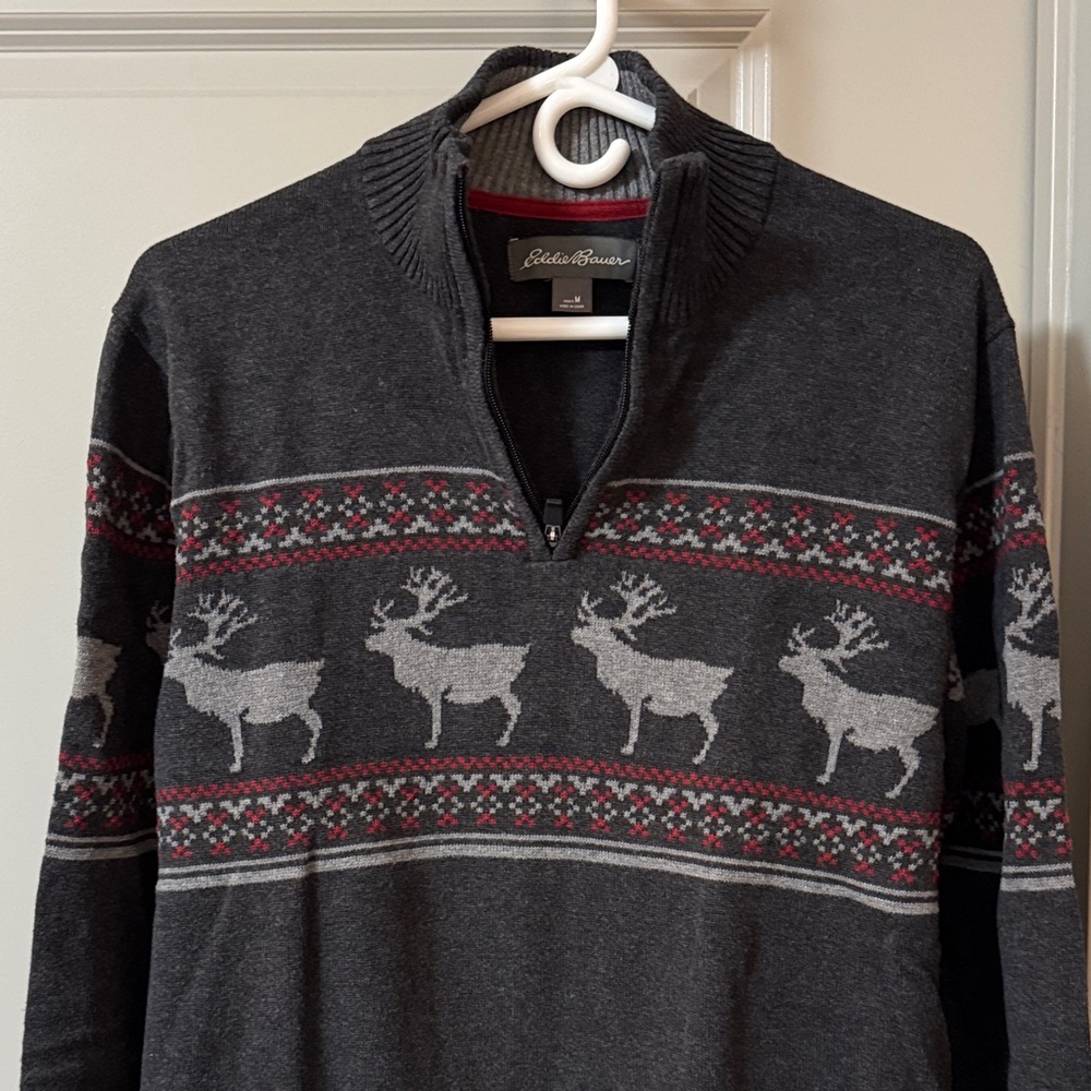Eddie Bauer Men's Charcoal quarter Zip Sweater with winter Design